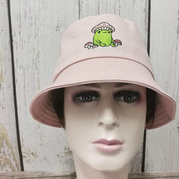 Embroidered Frog and Mushroom Bucket Hat Cotton Unisex Sun Cap for Outdoors - Picture 5 of 7